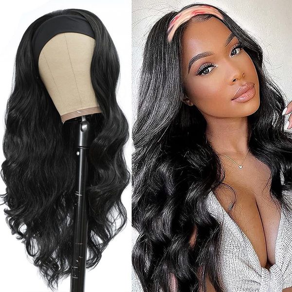 

body wave natural highlight seamls s with headband fake hair synthetic daily use wig for black women, Golden;white