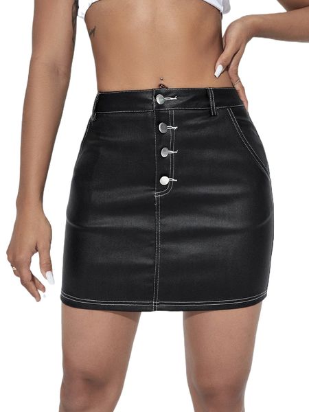 

button detail contrast stitch bodycon denim skirt u7wg#, Black