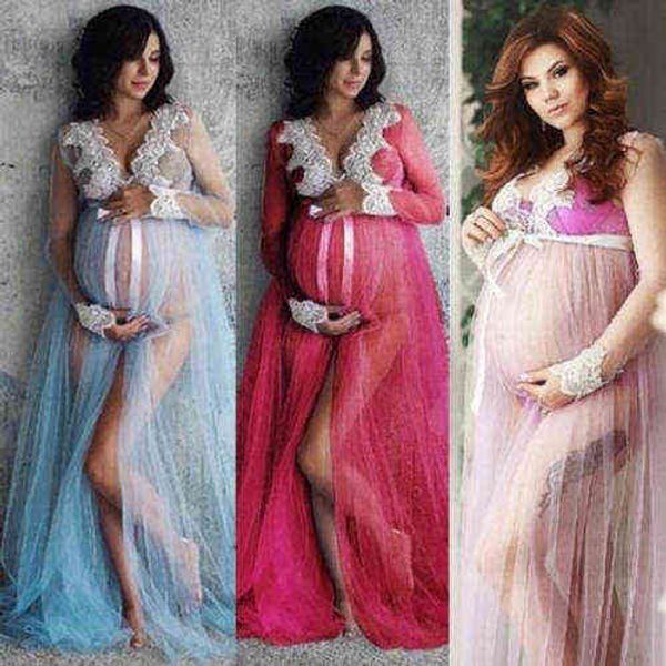 Schwangere Frauen schnüren sich langärmliges Umstandskleid Damen Maxikleid Fotografie Fotoshooting Kleidung G220309