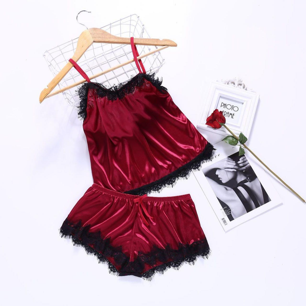 

women pajamas set lace spaghetti strap lingerie sleepwear suit casual v-neck female 2 piece nightwear shorts, Black;red