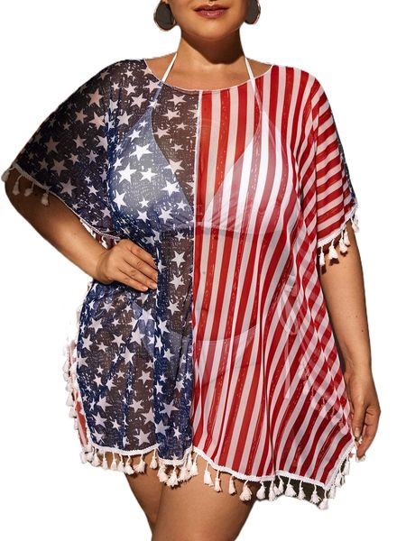 

plus flag print tassel trim cover up without bikini c0se#, Black