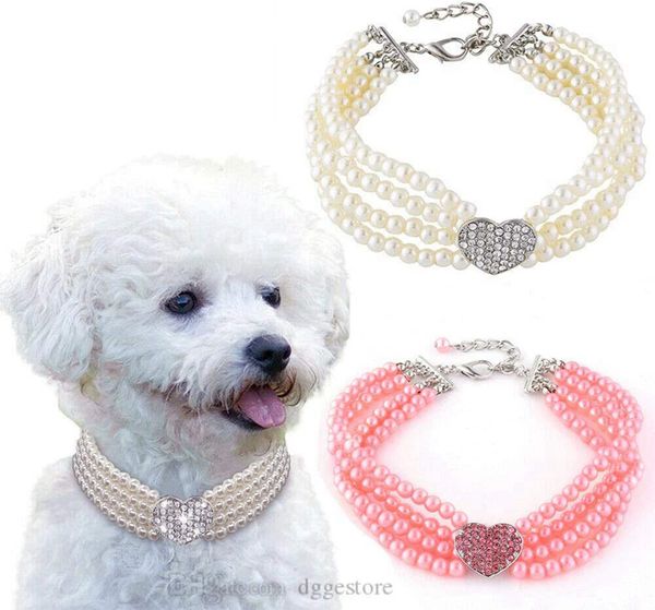 Hunde-Perlen-Halskette, Schmuck, glitzernde Hunde-Hochzeitshalsbänder für kleine Hunde, Mädchen mit Strass-Herzanhänger, Teetasse, Welpe, Chihuahua, Yorkie, Kleidungszubehör, Weiß B146