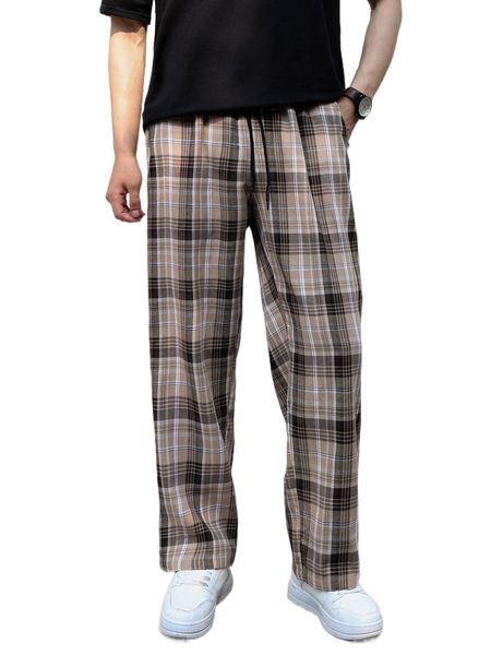 

men plaid drawstring waist pants c6jc#, Black