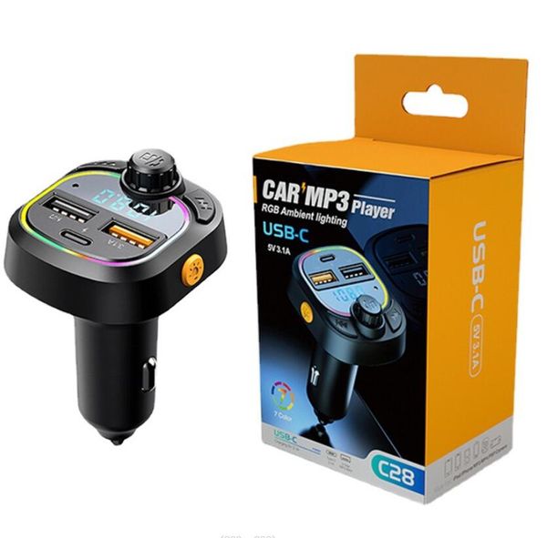 C26 C28 Kit de carro FM Transmissor Bluetooth 5.0 mp3 player dual USB tipo C Charge U Disco Modulador de rádio do carro