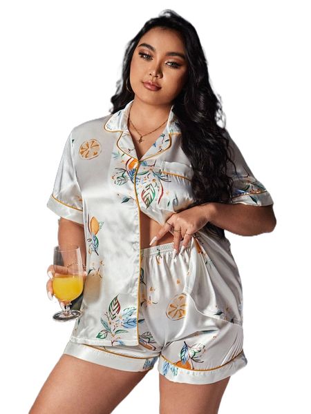 

plus orange print contrast binding pocket front satin pajama set 808w#, Black;white
