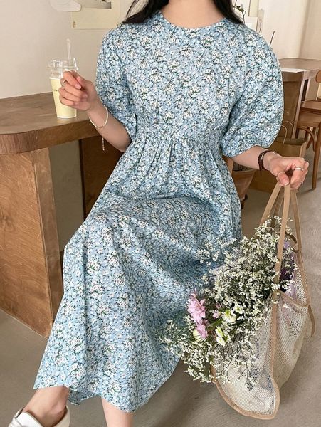 

dazy ditsy floral puff sleeve high waist dress 25iz#, Black;gray