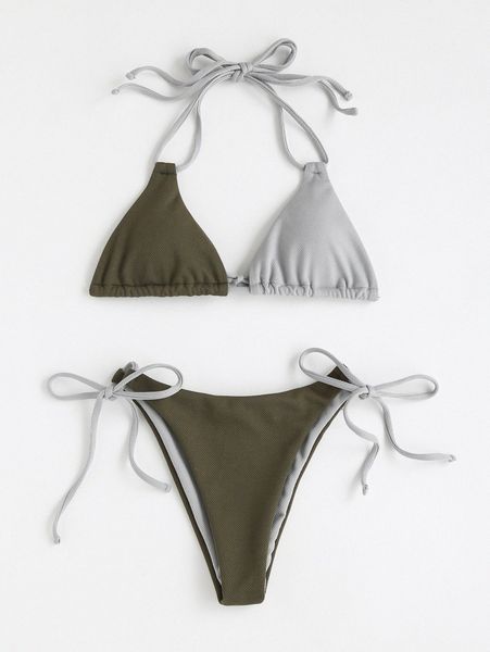 

colorblock tie side bikini swimsuit n8v1#, White;black