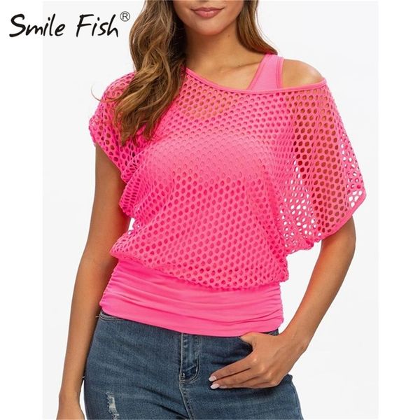 

mesh grid short sleeve casual neon green hollow out cover t shirt and tank women fashion blusas shirts g1005 220423, White