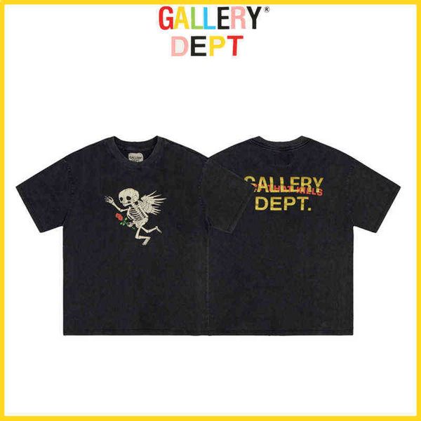 

2022 designer t-shirt galley' dept off vintage washed angel skull rose loose men's and women's short sleeve t-shirt fashion b, White;black