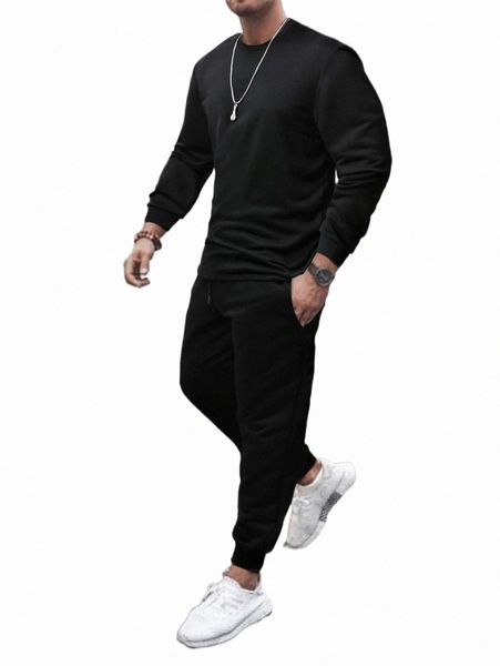 

men solid pullover & drawstring waist sweatpants p6t9#, Gray