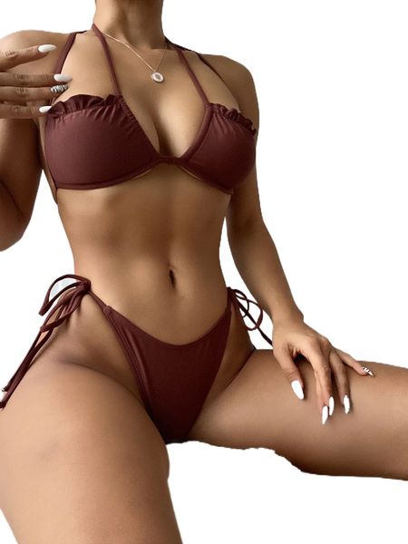 

double strap halter tie side bikini swimsuit x1k9#, White;black