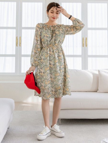 

dazy allover floral print tie neck bishop sleeve dress 72ec#, Black;gray