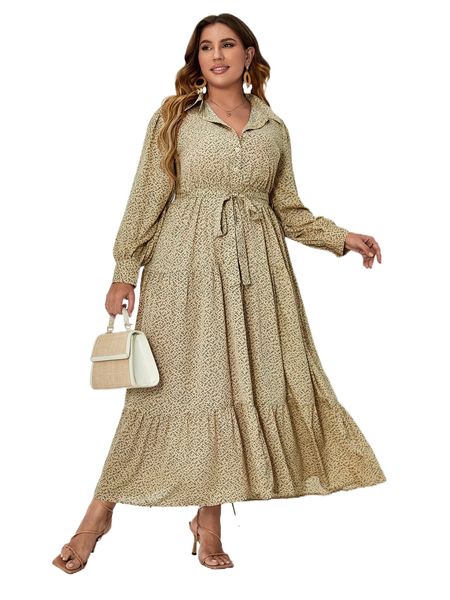

plus plants print belted shirt dress d8x5#, Black