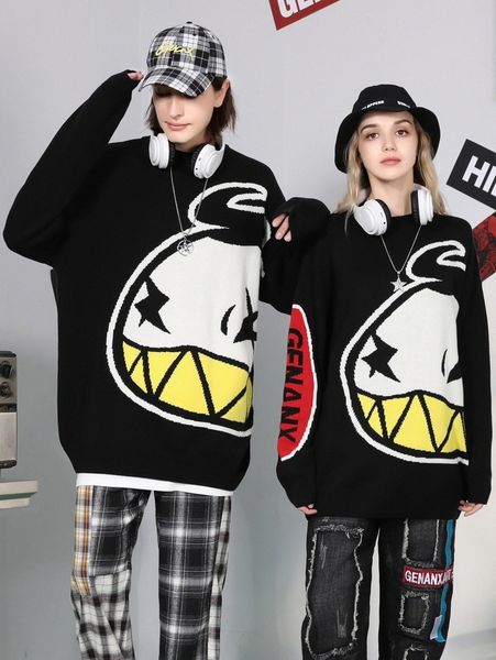

1pc cartoon & letter pattern drop shoulder sweater x6ub#, White;black
