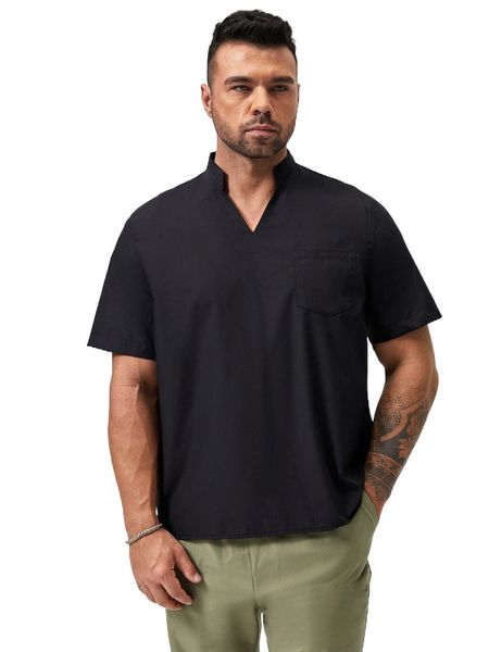 

extended sizes men notched neckline pocket patched shirt i853#, White;black
