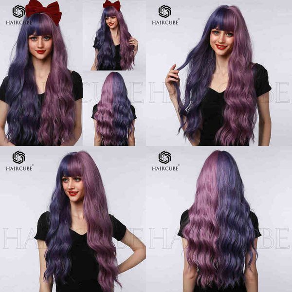 

fashion wig female qi bangs purple contrast color yin yang head long curly hair high temperature silk material cosplay 220527, Black