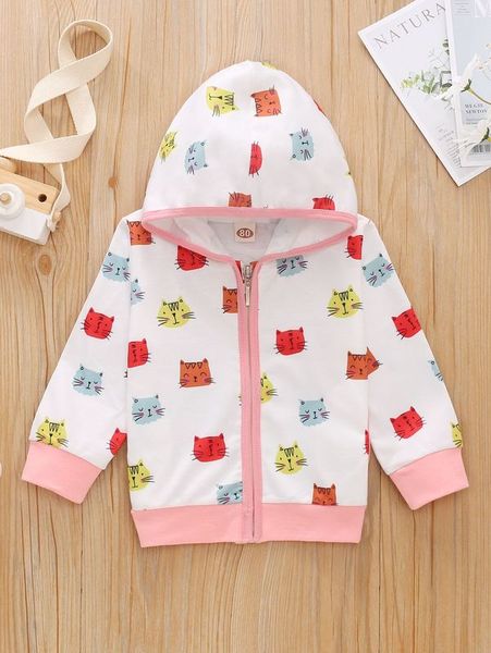 

baby cartoon cat print contrast binding zipper hoodie she, Black