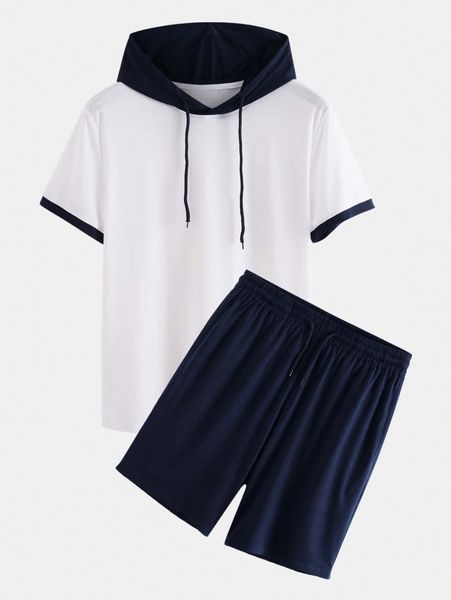 

men two tone drawstring hooded tee & shorts j9vy#, Gray
