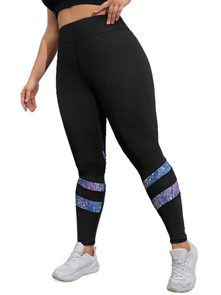 

plus contrast panel sports leggings 16u5#, Black