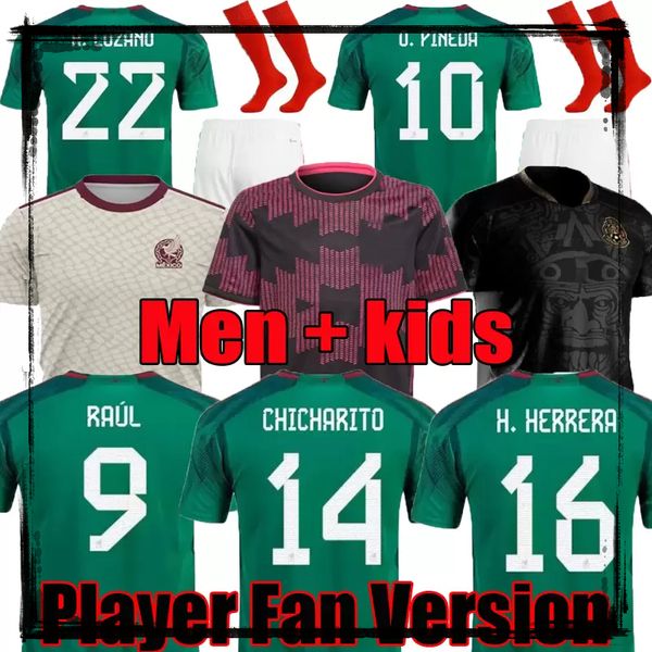 

22 23 mexico soccer jersey world cup fans player version chicharito a. guardado lozano herrera g dos santos football shirt men kids kit sets, Black;yellow