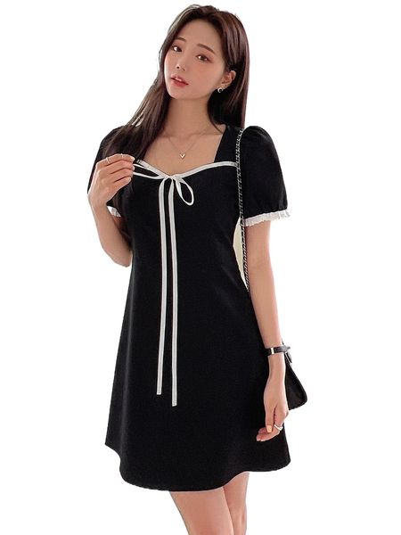 

dazy contrast eyelet embroidery knot front puff sleeve dress p5lv#, Black;gray