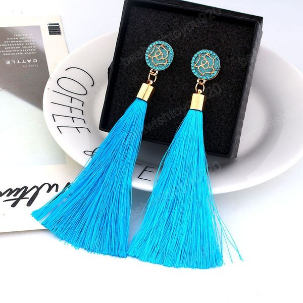 

bohemian crystal tassel earrings black white blue red pink silk fabric long drop dangle earrings for women, Silver
