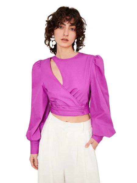 

cut out bishop sleeve tie back blouse r2i2#, White