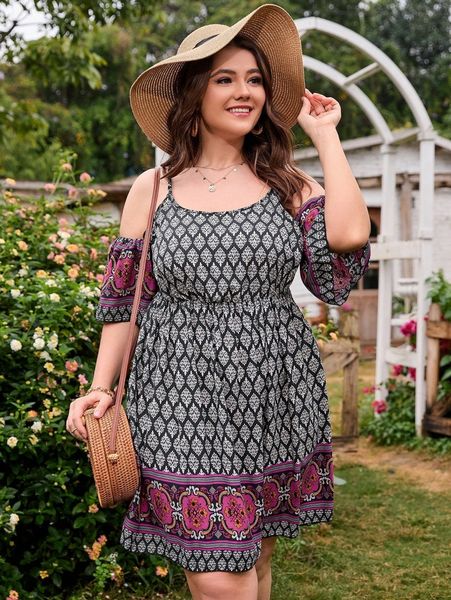 

plus floral print cold shoulder dress 52ka#, Black