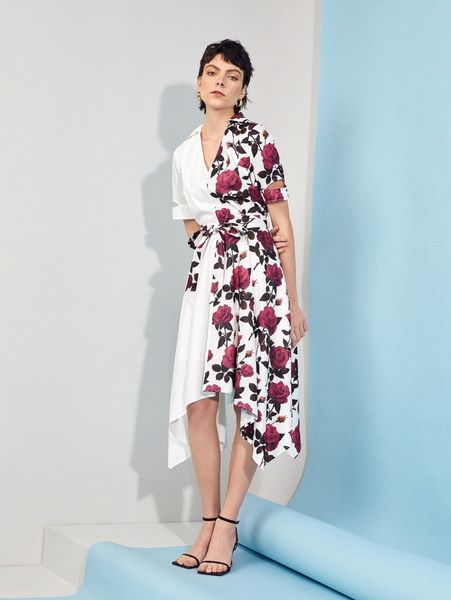 

x dina stars floral print cut out detail dress v4wh#, Black;gray