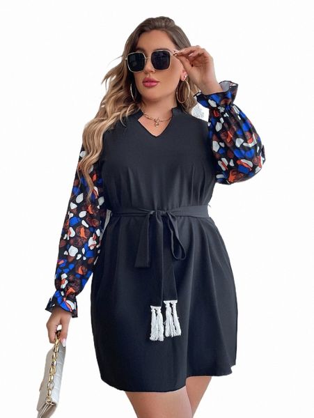

plus flounce sleeve fringe detail graphic print belted dress w7pg#, Black
