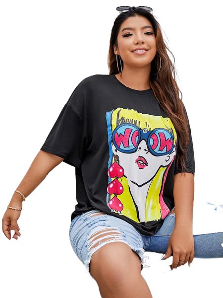 

plus figure graphic drop shoulder tee g08i#, Black