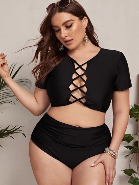 

plus solid cross front bikini swimsuit y1j4#, White;black