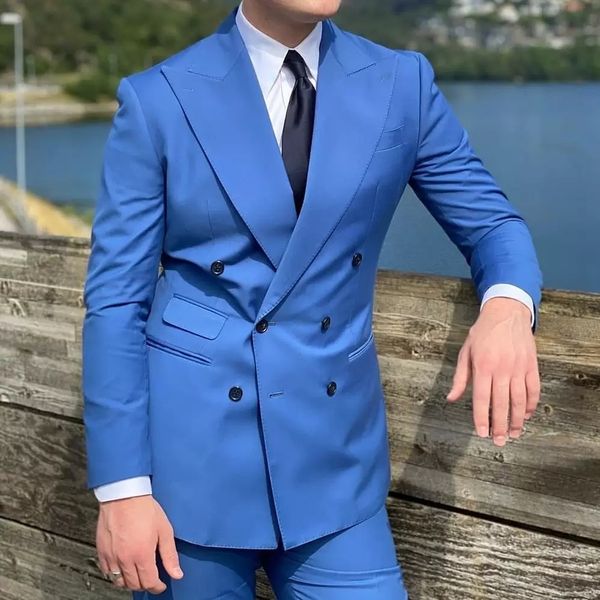 

blue double breasted wedding tuxedos soild color mens groom suits slim fit prom party blazer coat jacket pants, Black;gray