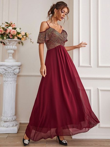 

contrast sequin cold shoulder chiffon prom dress s8kk#, Black;gray