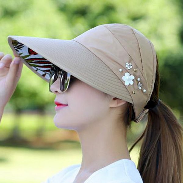 

mnoerffi wide brim beach hat 1pc women sun s for summer pearl packable uv protection female caps visor with big heads 220707, Blue;gray