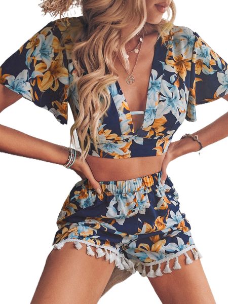 

floral print flutter sleeve tie back & tassel hem shorts a47h#, White