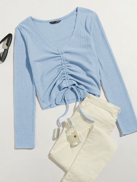 

drawstring front rib-knit tee k2kn#, White