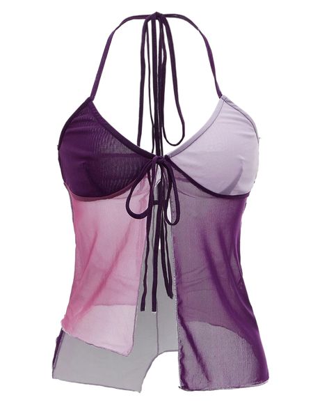 

asymmetrical hem tie front colorblock halter w9el#, White