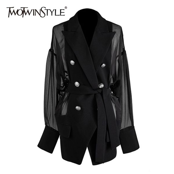 

twotyle casual patchwork mesh blazer women notched neck lantern long sleeve high waist lace up suit for female fashion lj201021, White;black