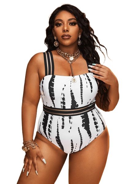 

plus tie dye mesh insert one piece swimsuit y7yi#, White;black