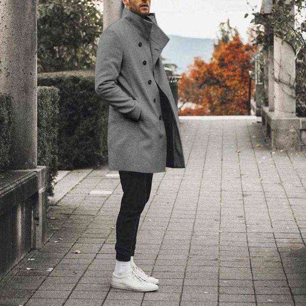 

men's wool & blends autumn winter men coats jackets woolen overcoat elegant breasted long outwear business casual keep warm jacket t220, Black