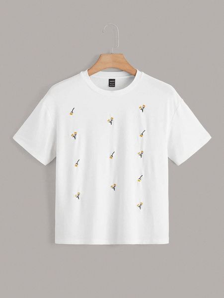 

floral print drop shoulder tee v7yg#, White