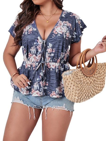 

plus floral print butterfly sleeve knot front peplum tee o5cj#, Black