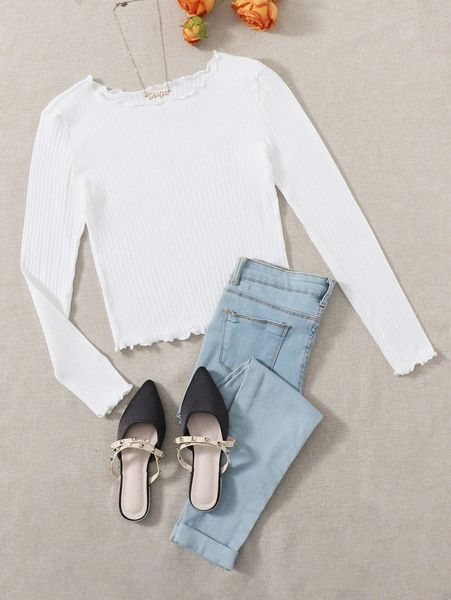 

ribbed knit lettuce trim tee m1i8#, White