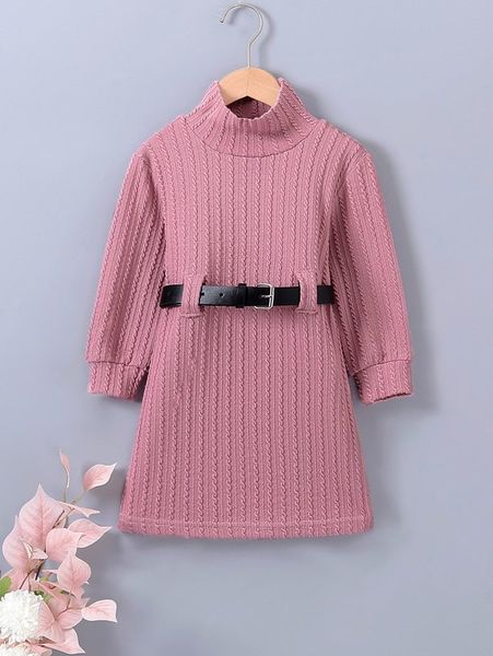 

little girl's plain belt high neck dress she, Red;yellow