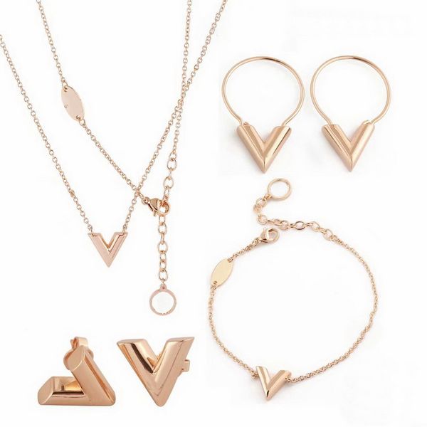 

europe america fashion style jewelry sets lady women titanium steel v initials charm pendant necklace bracelet stud earrings sets 2242156, Black