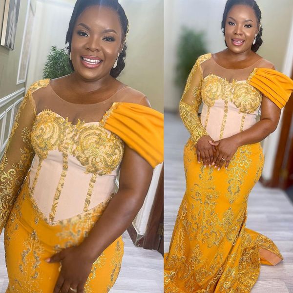 2022 Plus Size Arabo Aso Ebi Sparkly Sirena Giallo Abiti da ballo In rilievo di pizzo Serata formale Festa Secondo ricevimento Compleanno Abiti di fidanzamento Abito ZJ216