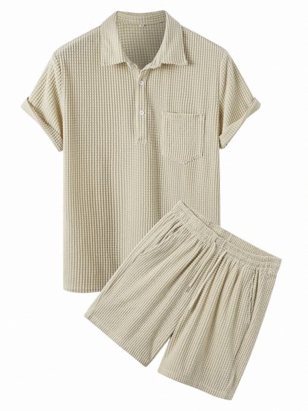 

men patched pocket polo shirt & drawstring waist shorts e9qm#, Gray