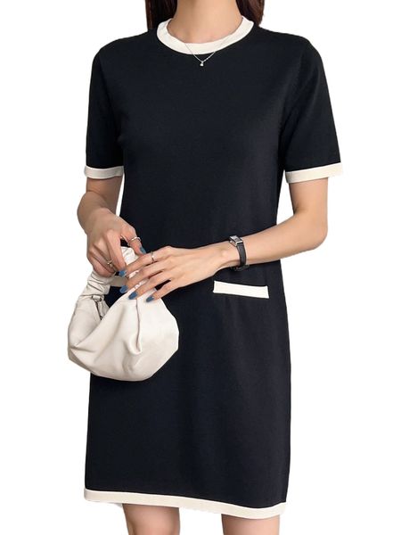 

dazy contrast trim decor pocket sweater dress o1mw#, White;black