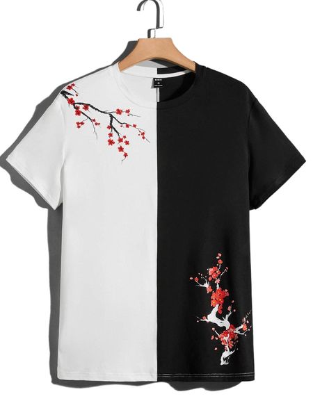 

men floral print two tone tee p6lj#, White;black